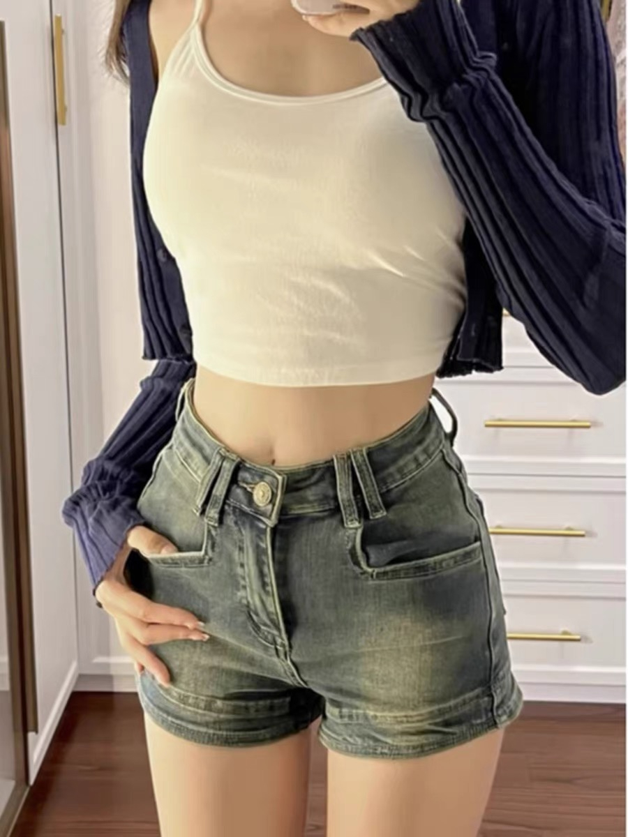 美式復古彈力牛仔褲女夏季新款辣妹闊腿顯瘦短褲高腰直筒a字褲子