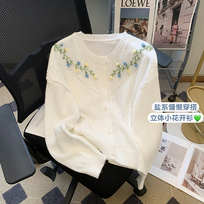 實拍可愛快衝~韓系甜美減齡重工手工鈎花系帶針織開衫毛衣上衣