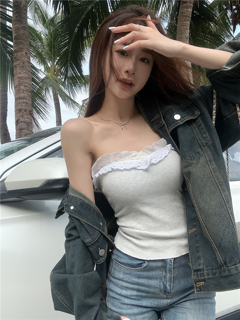 實拍~設計感小眾花邊修身顯瘦辣妹抹胸短款外穿內搭打底上衣