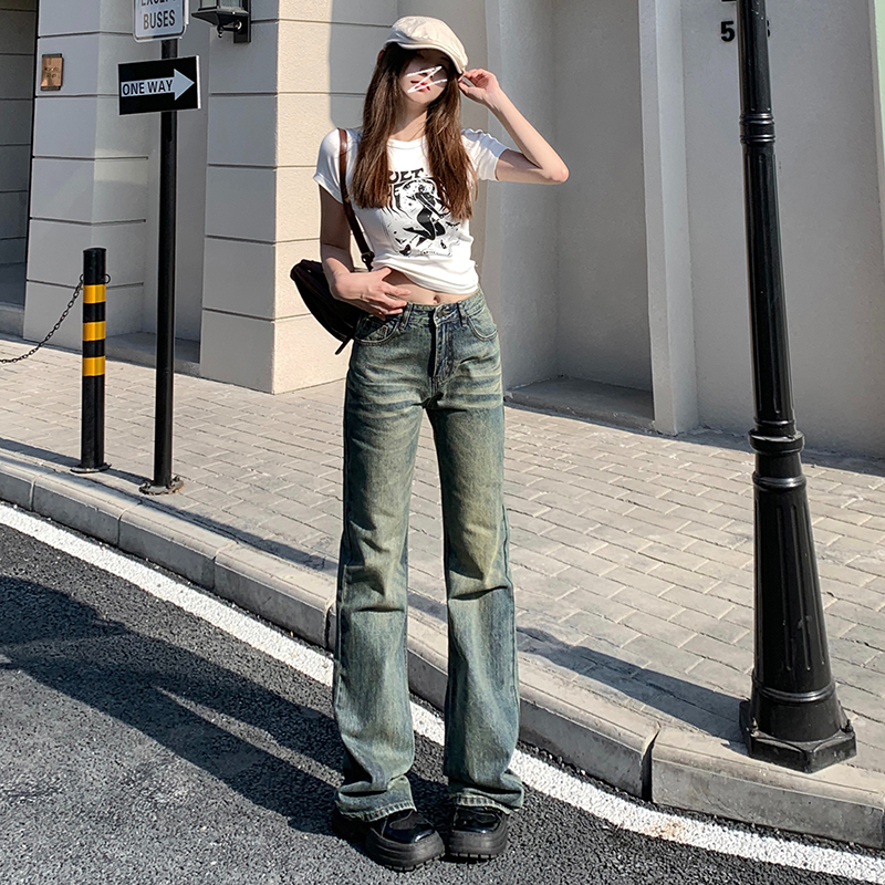 實拍2024春夏復古做舊辣妹寬鬆微喇叭褲百搭垂感牛仔褲女