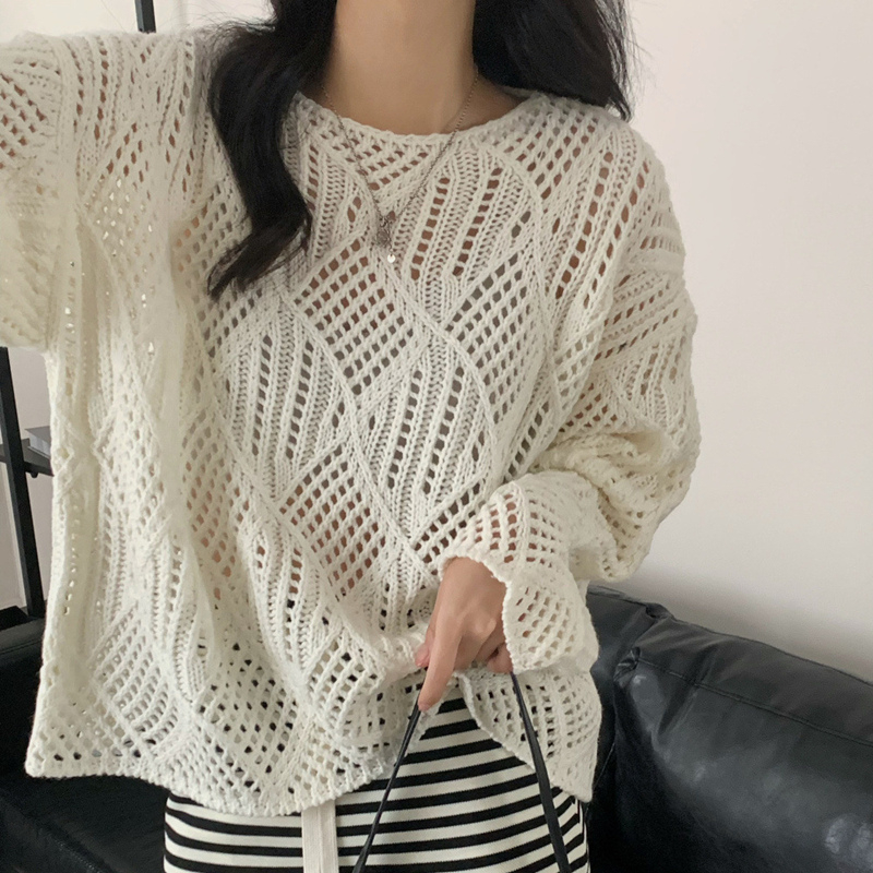 Hollow knitted sweater for women in early autumn Korean style solid color diamond check lazy style sweater bottoming sun protection blouse