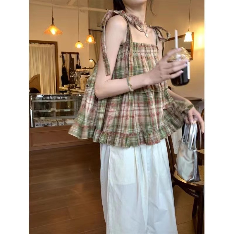 甜系少女穿搭復古系帶方領背心小清新格子娃娃衫短款甜酷吊帶上衣