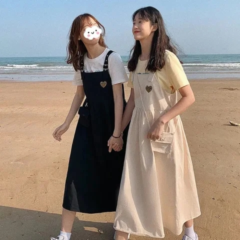 2024夏裝日系減齡刺繡背帶連衣裙女學生韓版寬鬆顯瘦學院風閨蜜裙