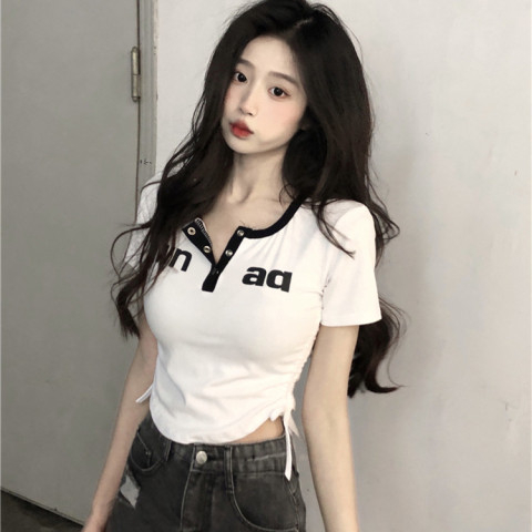 羅紋  顯瘦甜辣妹修身上衣女夏季小眾露臍短袖T恤