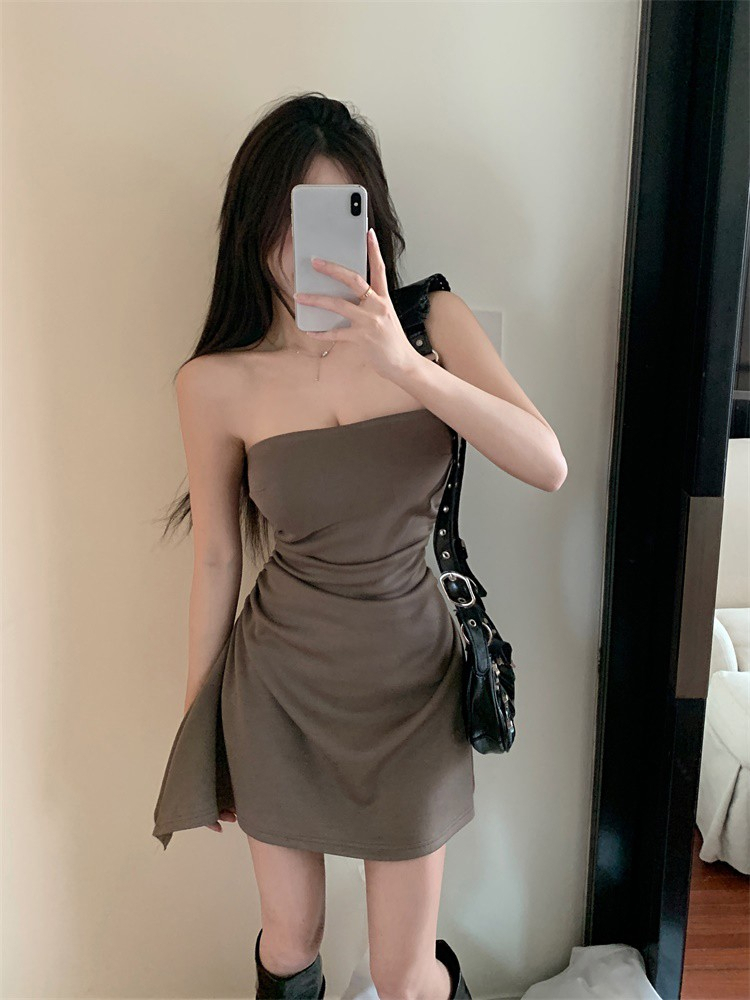 Pure lust style tube top dress female summer short skirt hot girl waist pleated tight sexy irregular a-line skirt