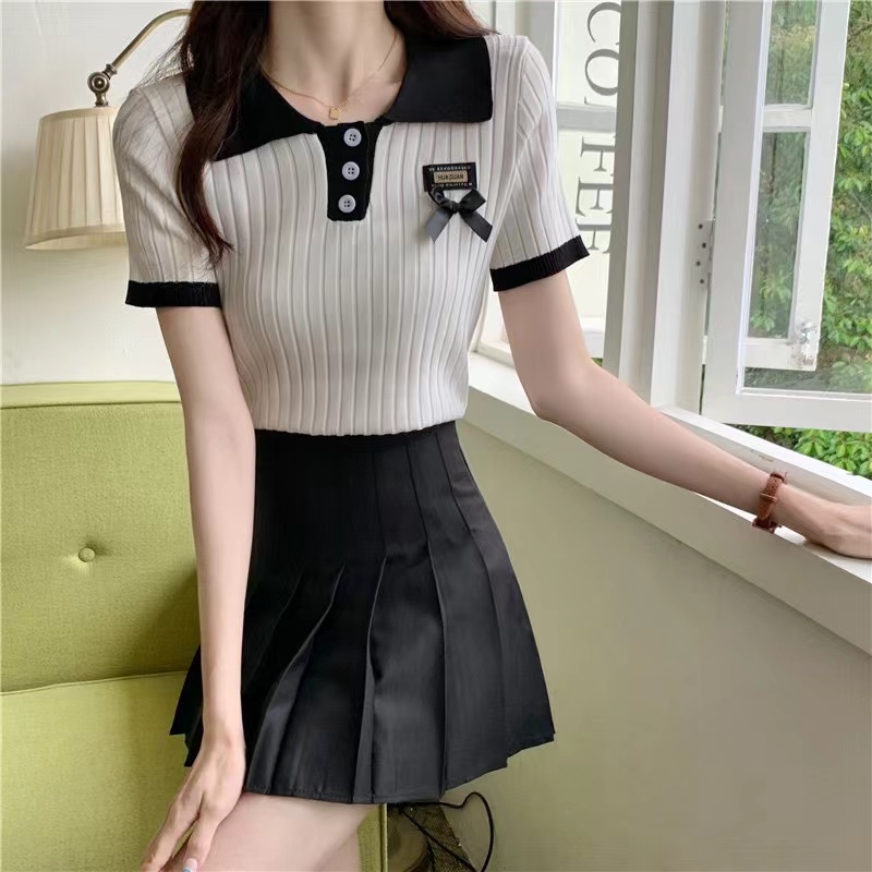 Summer design niche ice silk knitted short-sleeved t-shirt for women ins Korean version slim slim polo shirt short top