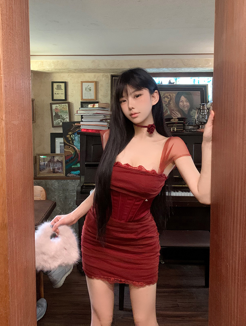 實拍紅色吊帶裙網紗氣質晚宴生日顯瘦女包臀裙