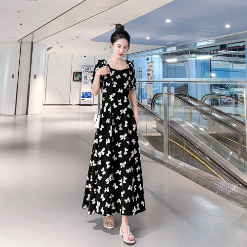 Korean style puff sleeve floral bow square neck slim fashion chiffon short sleeve mid-length dress summer new style