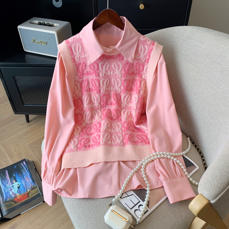 2024早春新款時尚鈎花刺繡毛衣馬夾襯衣兩件套女寬鬆粉色上衣套裝