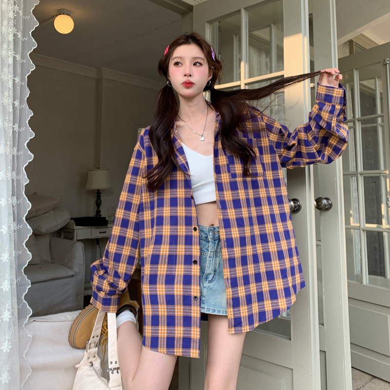 實拍美式復古紫色格子襯衫男女春夏外套連帽寬鬆情侶休閒長袖襯衣