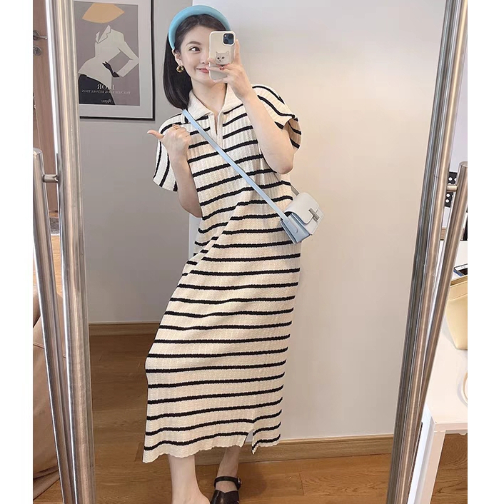 撞色條紋polo領連衣裙女夏季寬鬆法式顯瘦氣質時尚別致減齡長裙子