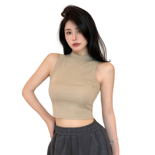 Real shot of hot girl design niche sleeveless racer vest for women summer short slim fit small stand-up collar outer wear slimming top