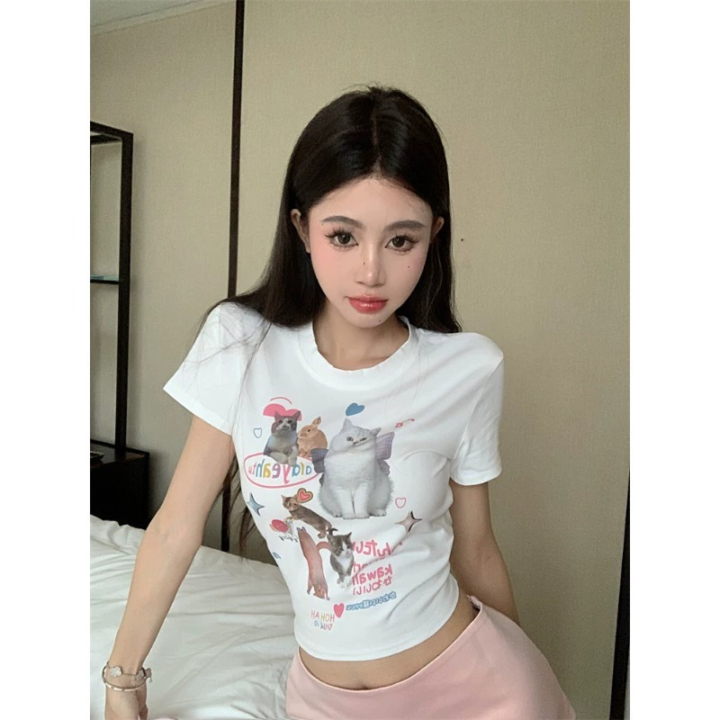 印花短袖T恤女夏季甜辣妹修身露臍短款白色上衣