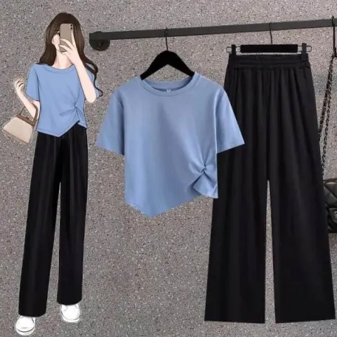 時尚套裝新款韓版不規則短款T恤女上衣+垂直感黑色闊腿褲兩件套