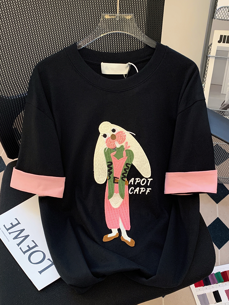 200克純棉特大碼300斤後包領純棉刺繡拼色短袖t恤女