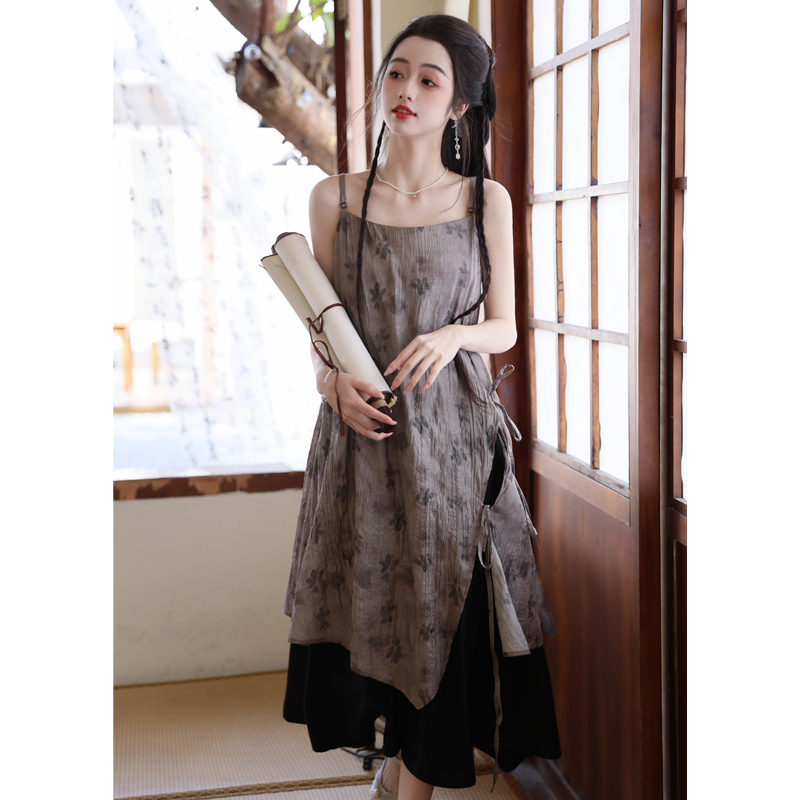 No less than 109 real shot 2024 new Chinese style printed splicing suspender dress