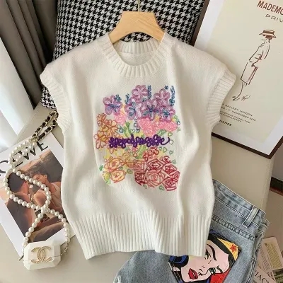 白色重工刺繡針織背心女春秋新款設計感小眾氣質時尚短袖上衣
