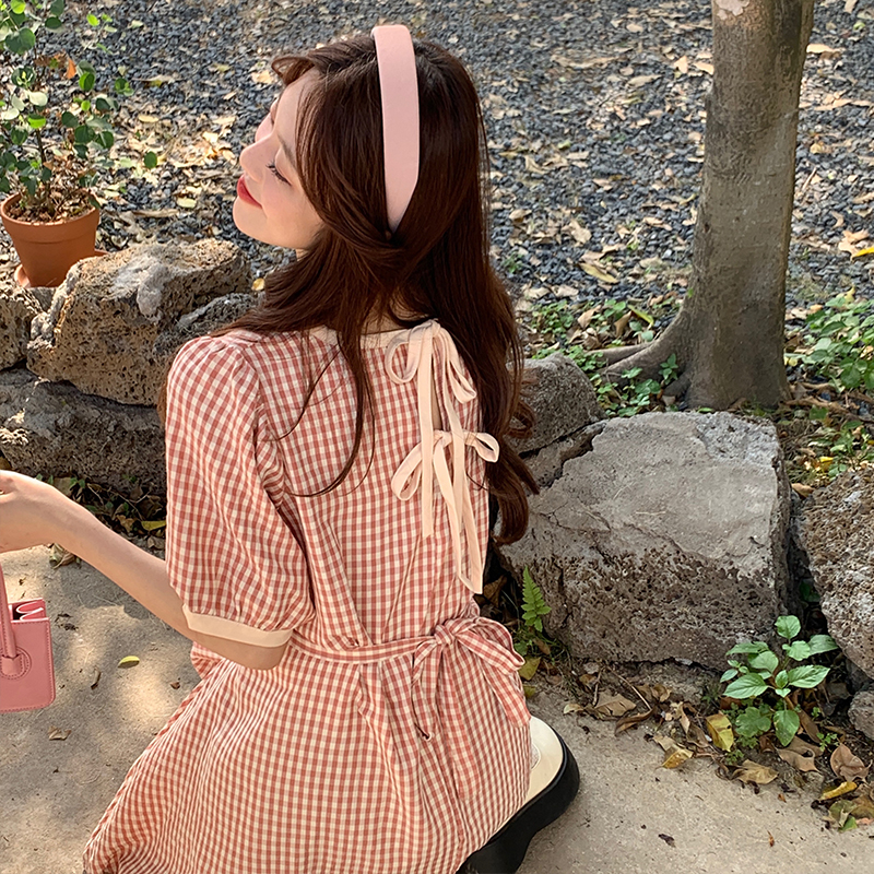 夏季韓版格子連衣裙大碼女裝綁帶收腰氣質顯瘦裙子