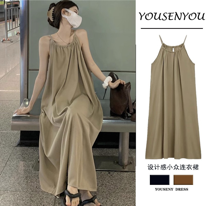 Tea break French suspender dress for women summer high-end forest fairy fairy platycodon seaside vacation beach long skirt