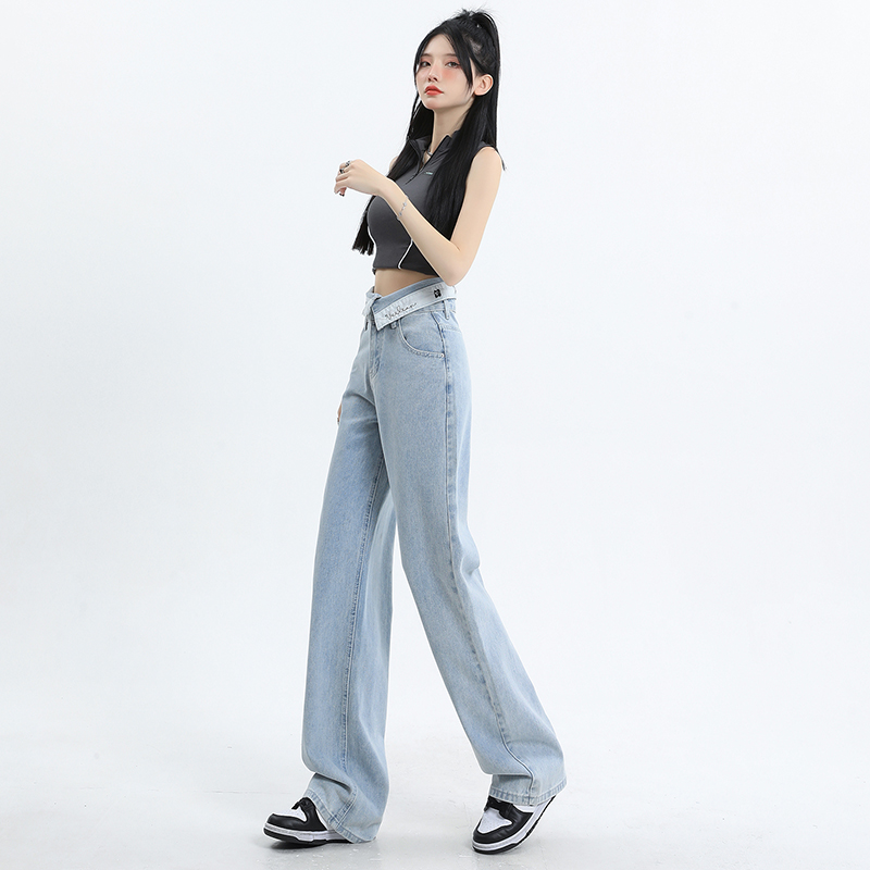 翻邊腰字母設計感直筒牛仔褲女春季新款高腰顯瘦闊腿褲