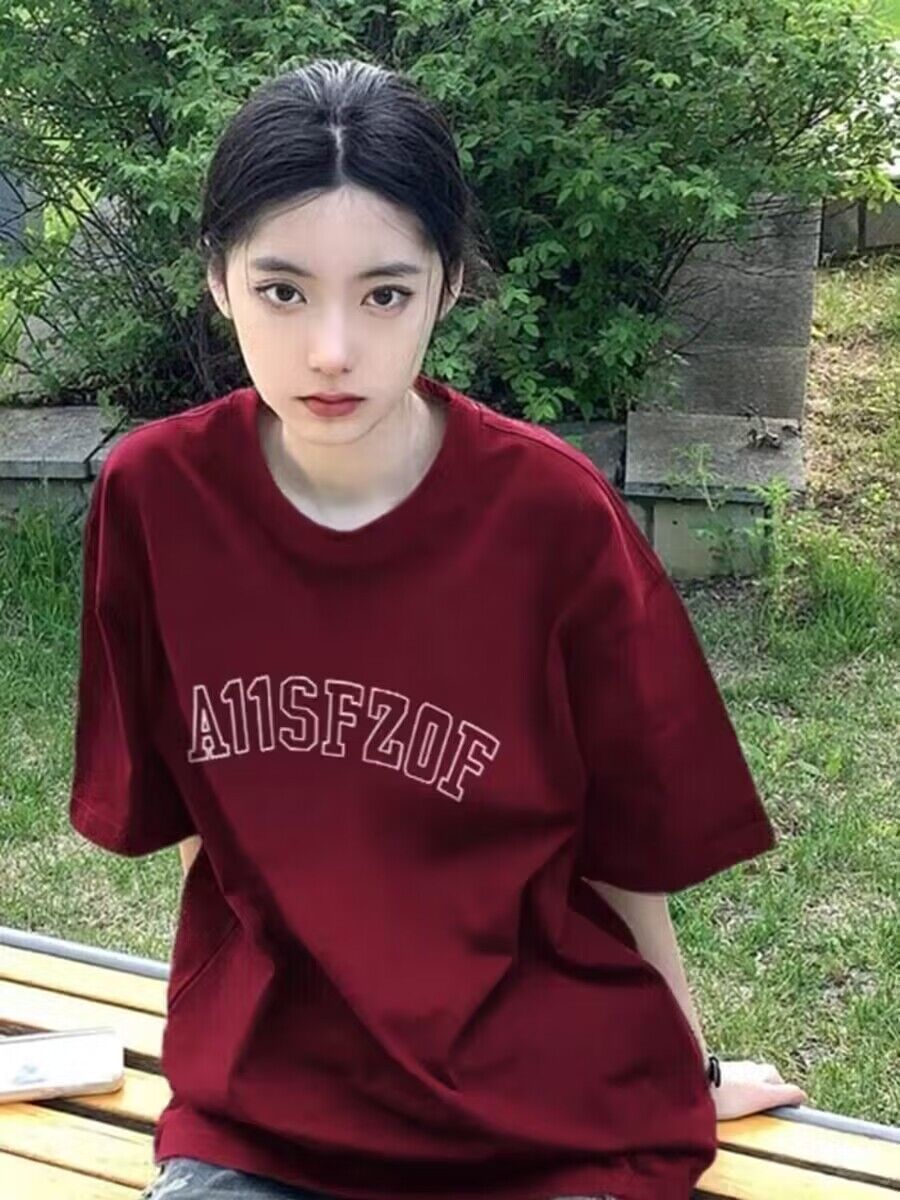 美式紅色正肩短袖t恤女夏季2024新款oversize潮牌本命年龍年衣服