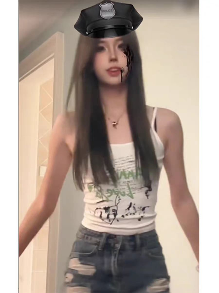 260隨心裁美式復古短款夏季小眾印花辣妹修身上衣