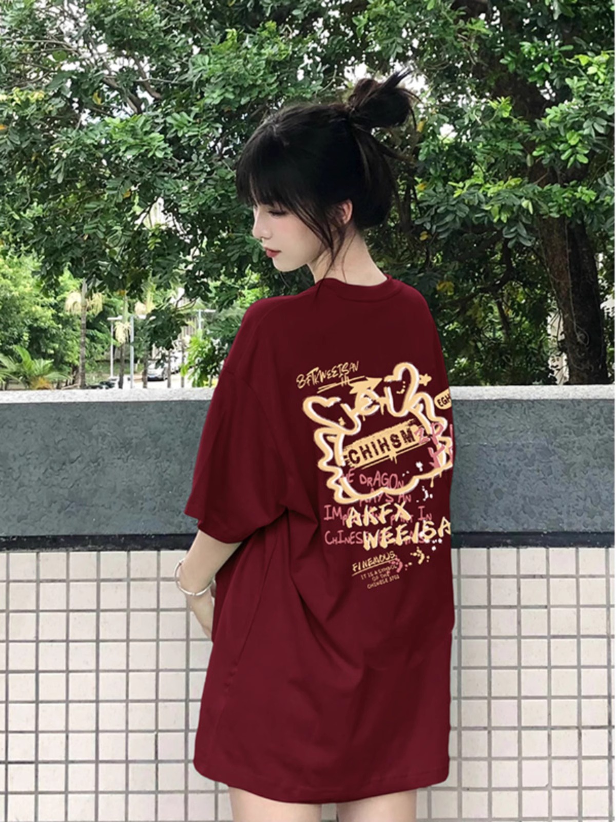 本命年龍年oversize純棉圓領短袖T恤女2024年新款國風酒紅色上衣