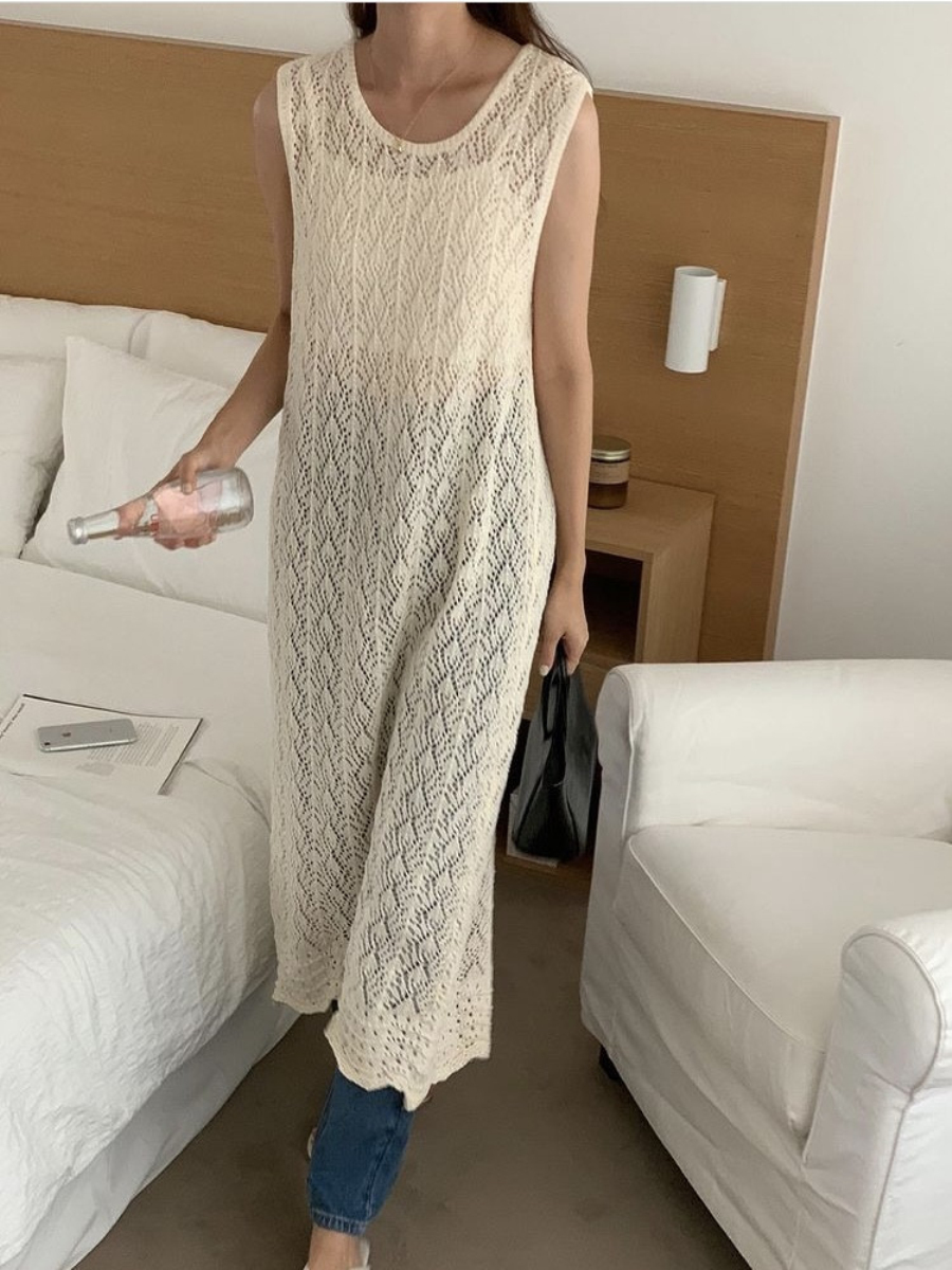韓國chic夏季簡約休閒小心機露背開叉寬鬆無袖鏤空針織連衣裙女
