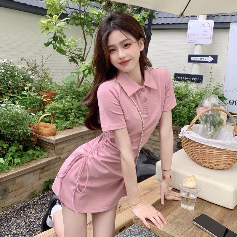 Pure lust style POLO collar dress for women 2024 spring and summer new drawstring straps slimming short-sleeved skirt