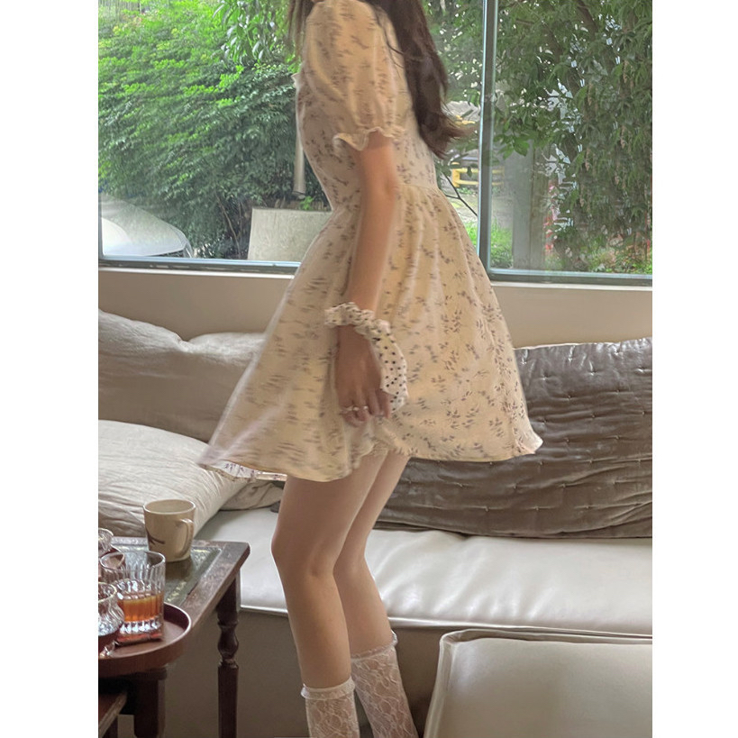 PDSZR純欲奶油碎花連衣裙女2024夏裝溫柔法式收腰泡泡袖初戀裙子