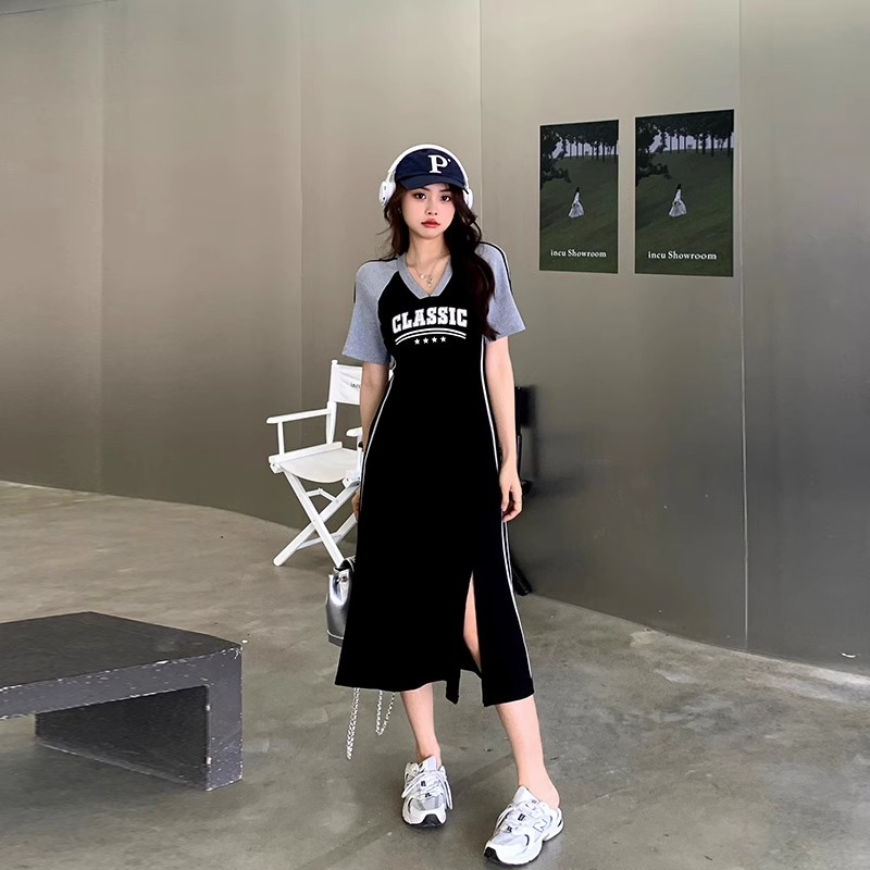 2024韓國夏季新款顯瘦韓版短袖小黑裙美式休閒中長款氣質連衣裙