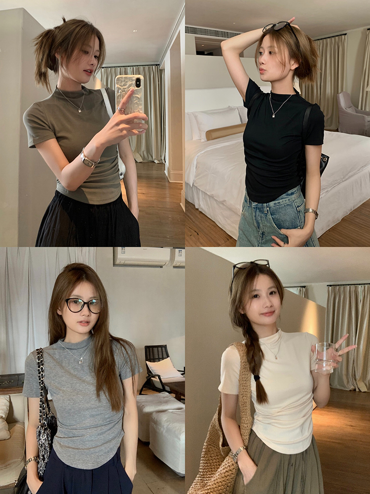 褶皺收腰半高領純欲短袖正肩T恤女夏季設計感顯瘦辣妹純色上衣服