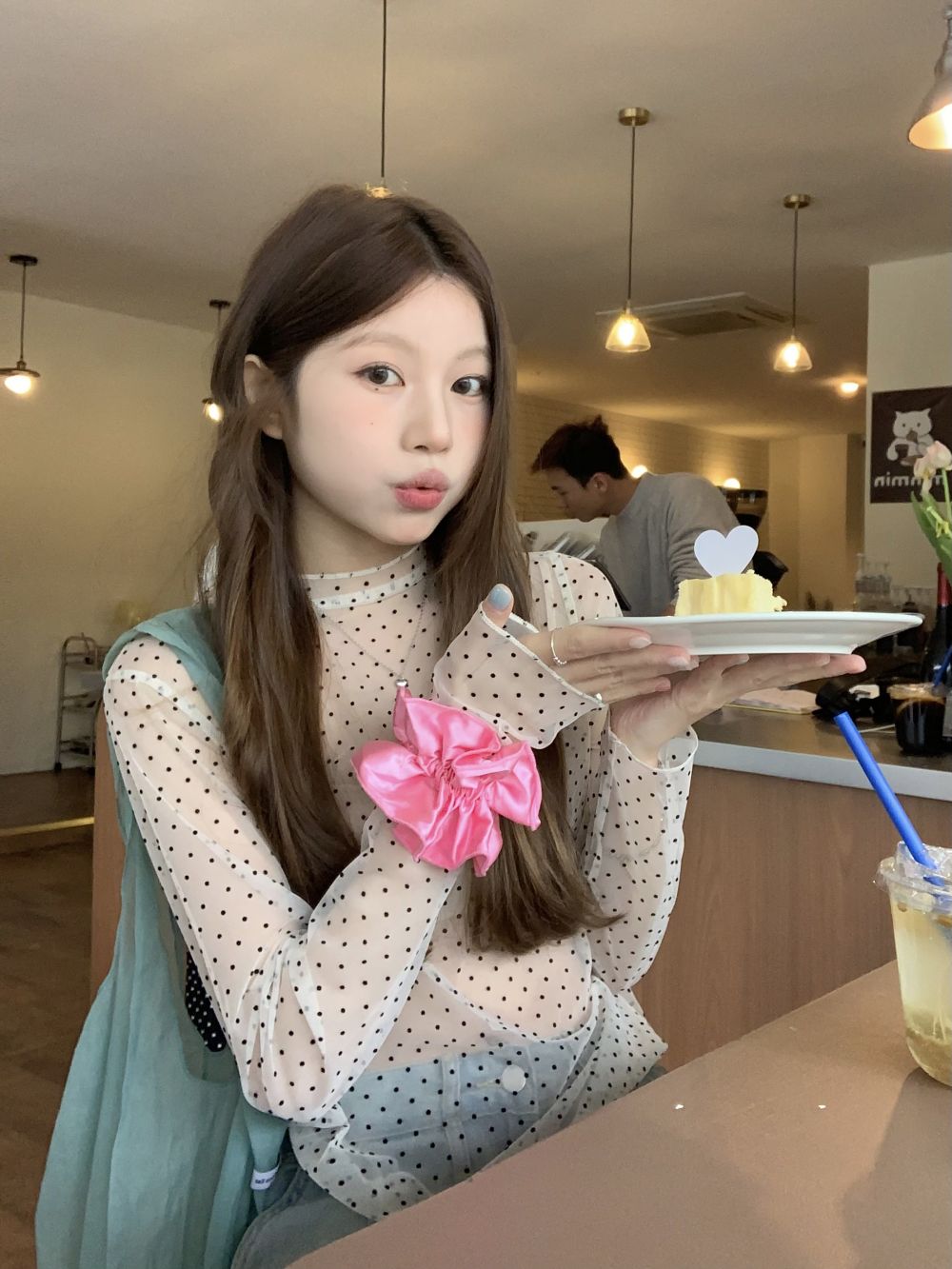 實拍三標齊杏色波點疊穿打衫早春圓領套頭上衣