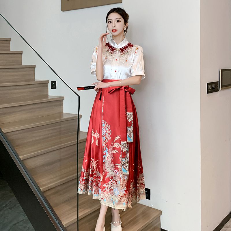 實拍 夏季短袖漢服敬酒訂婚服新中式國風紅色結婚服小個子馬面裙