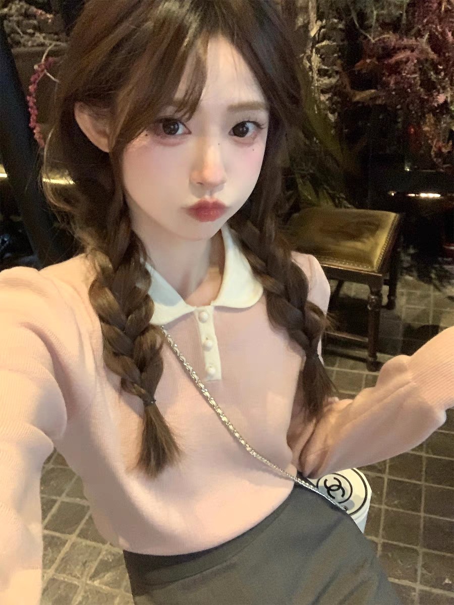 珍珍家美利奴羊毛可愛娃娃領毛衣慵懶polo領溫柔顯瘦針織上衣內搭