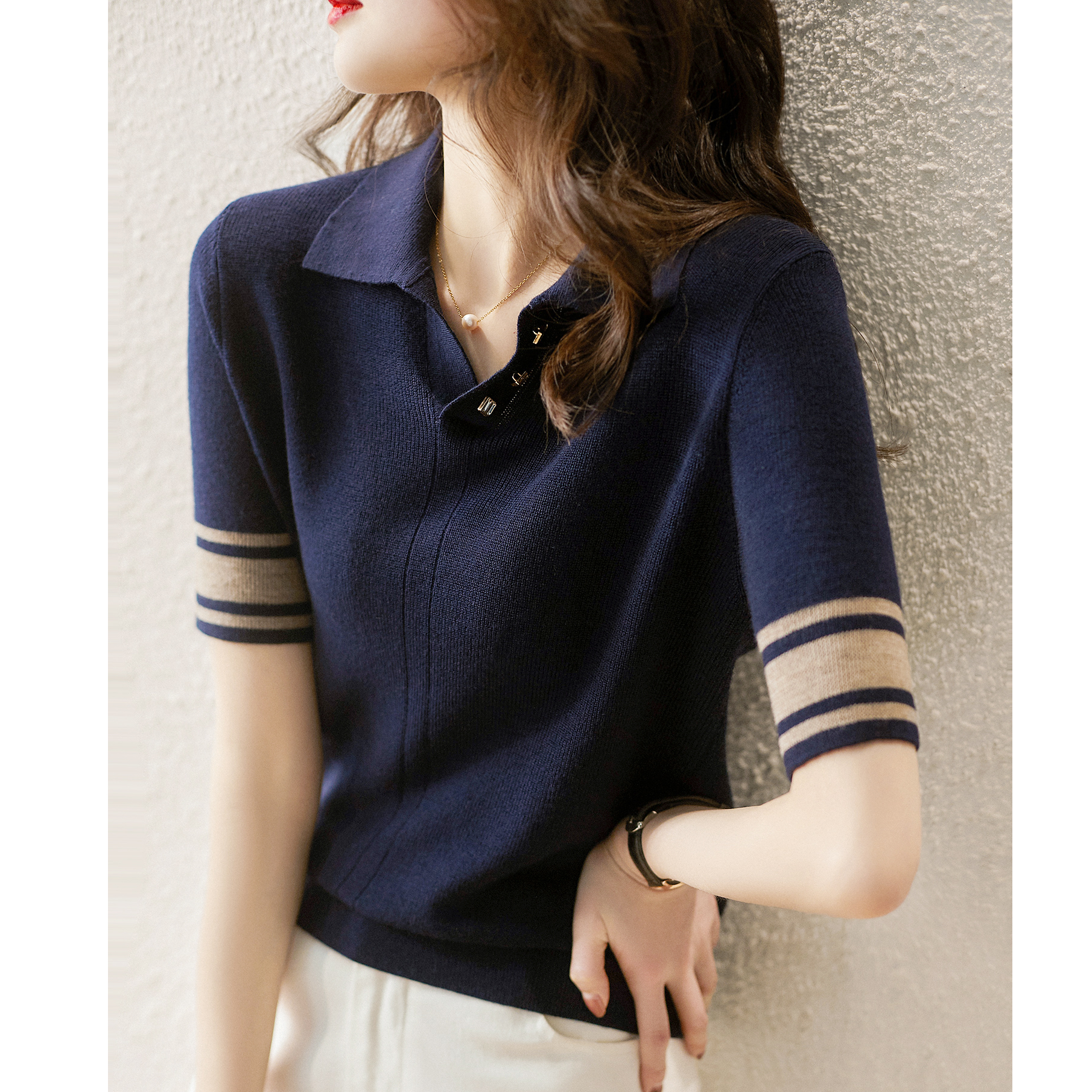 Ice silk knitted polo shirt T-shirt for women summer 2024 new Korean style versatile and stylish thin short-sleeved bottoming top