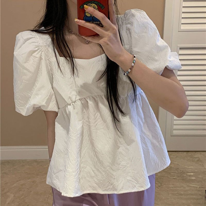 New sweet design puff sleeve square collar doll shirt for women summer short student solid color tops for women