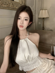 實拍 月光花苞鏈條掛脖緞面吊帶背心純欲性感氣質上衣