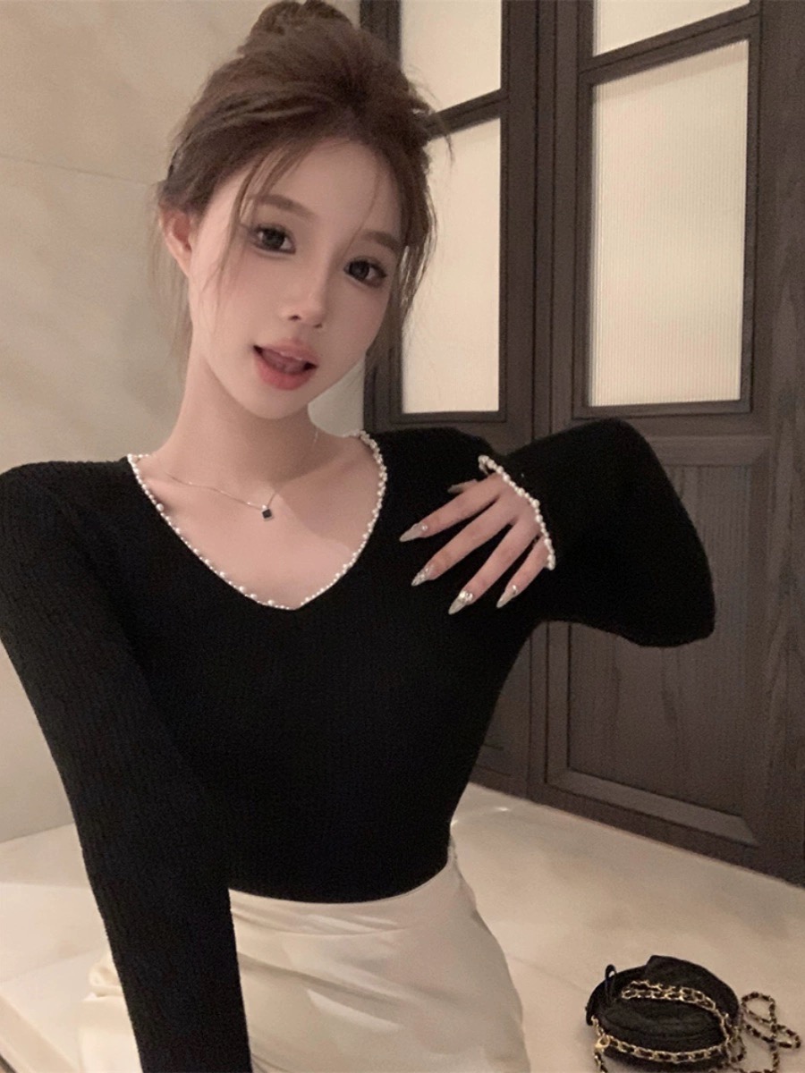 法式高級感長袖針織衫v領女裝早春季小眾修身顯瘦打底衫黑色上衣