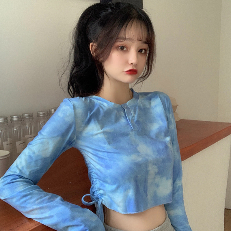 6535拉架棉 扎染短袖t恤女新款夏心機修身抽繩短款