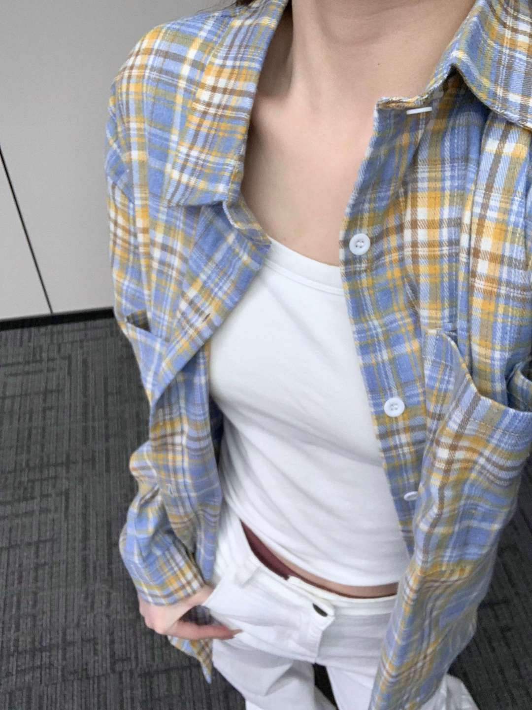 原版質量原版做法 兩個口袋多巴胺甜美奶黃色純棉格子襯衫女