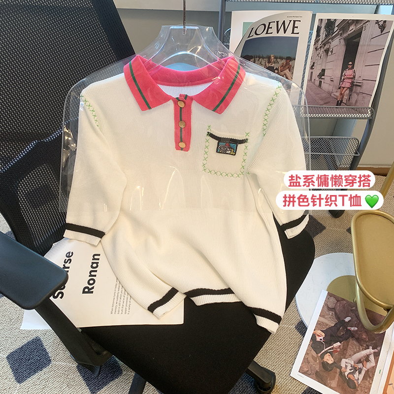 實拍2024春季別致獨特冰絲寬鬆polo領針織衫短袖上衣女設計感小眾