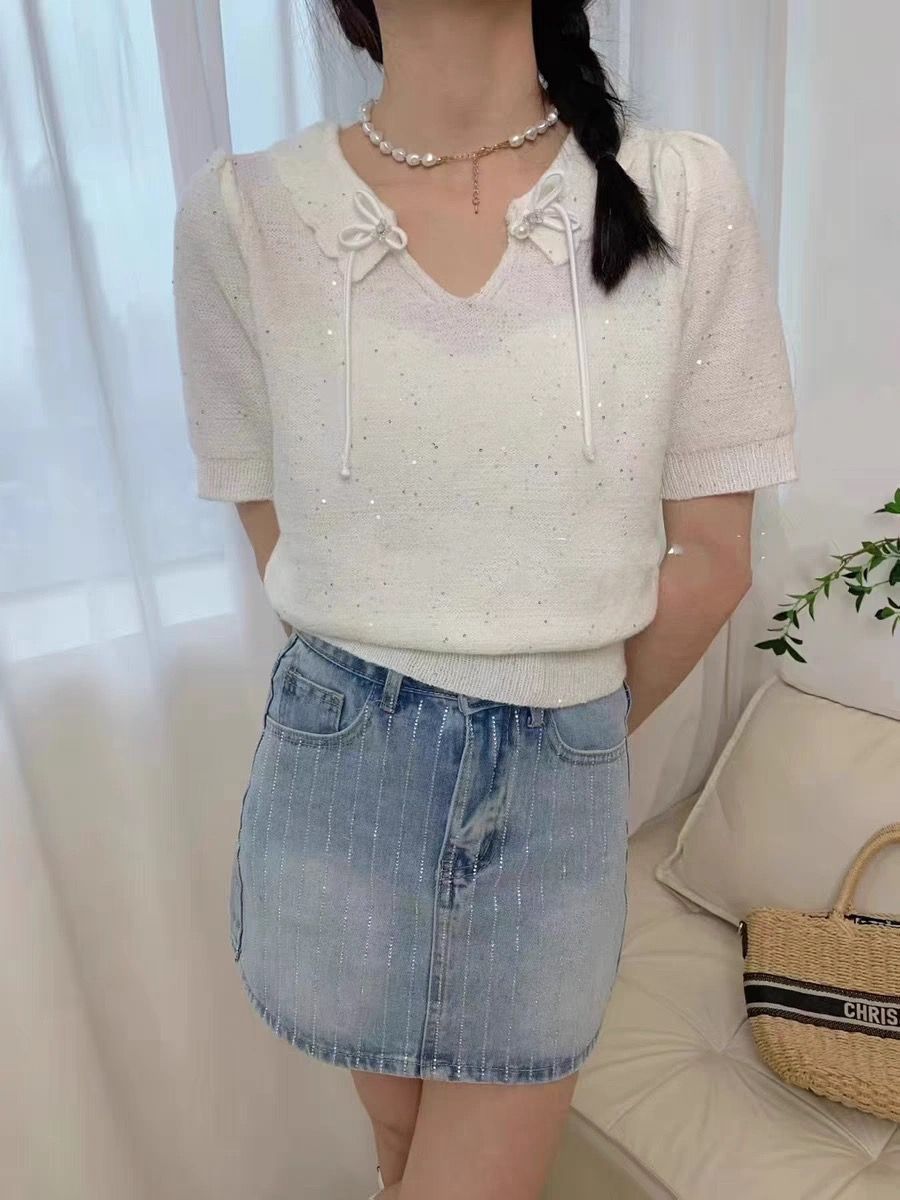 新中式盤扣泡泡袖閃片針織衫短袖女2024年春夏新款顯瘦短款上衣