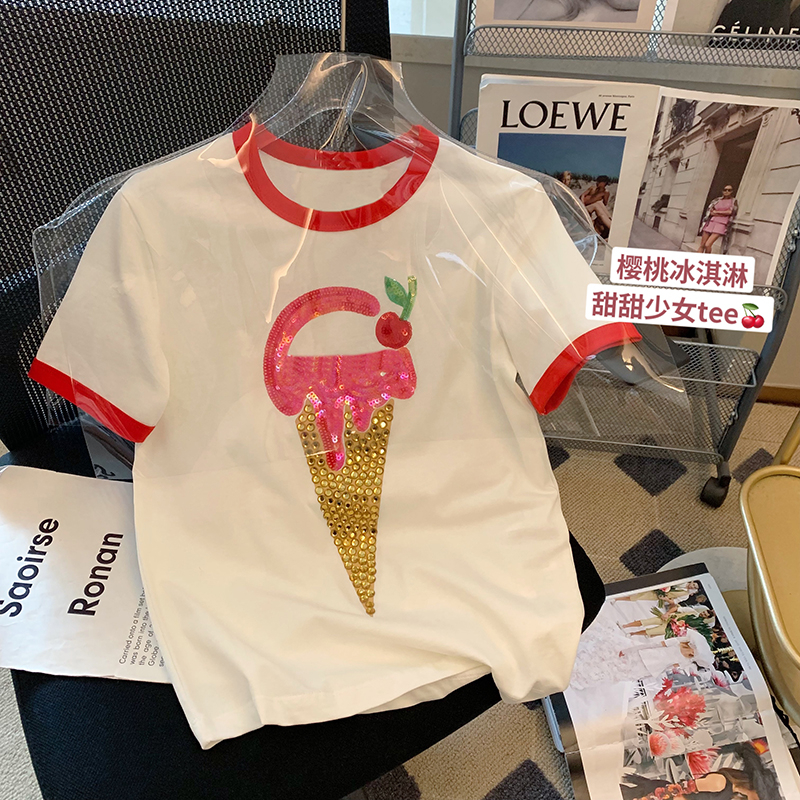 純棉後包條200克精梳緊密 新款短袖t恤女燙鑽+刺繡亮天貓質量
