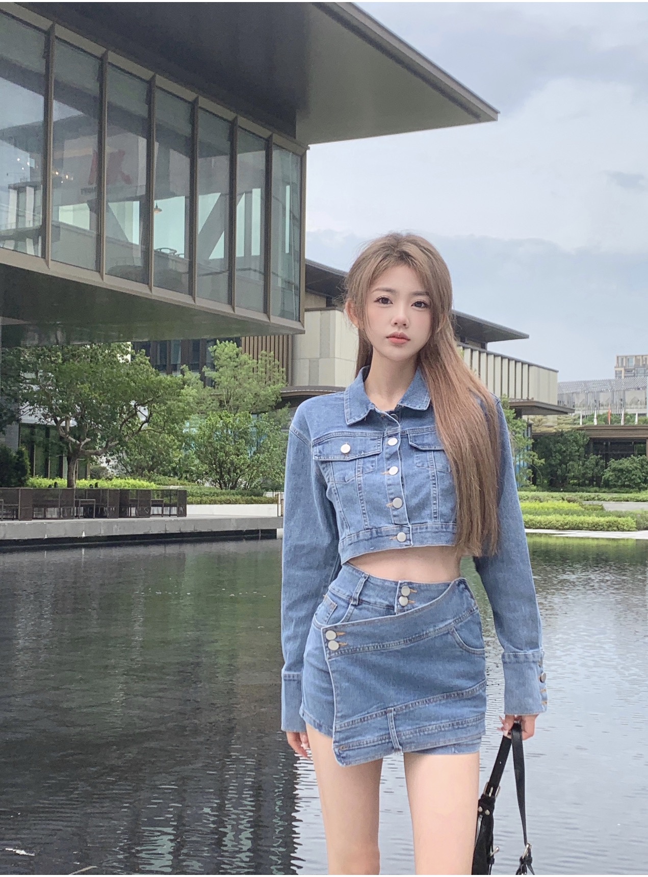 實拍辣妹翻領短外套上衣牛仔套裝春季高腰包臀半身褲裙女裝兩件套