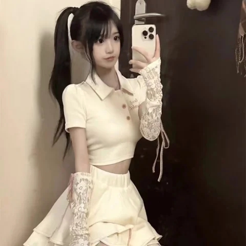 2024夏少女芭蕾風甜辣妹蝴蝶結polo領系帶短款上衣高腰半身裙套裝
