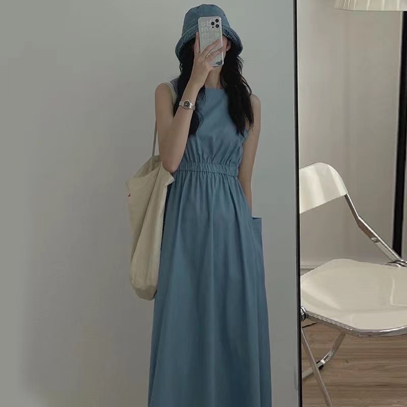 韓國chic夏季小眾簡約圓領褶皺高腰顯瘦雙口袋無袖背心連衣裙女