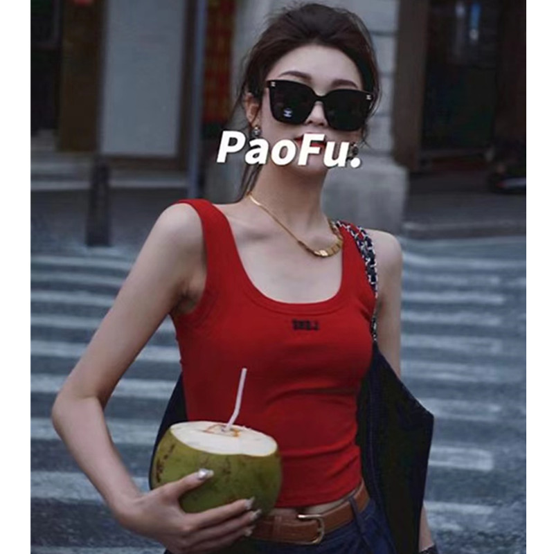 非實拍 紅色u領字母背心港味復古氣質修身顯瘦美背吊帶上衣潮