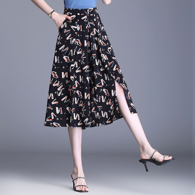 2024 new chiffon slimming loose casual culottes large size printed high waist cropped trousers for women summer thin culottes