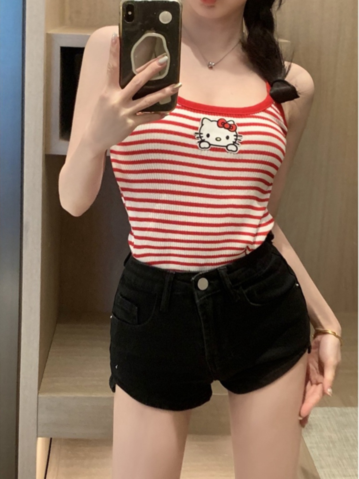 夏日常軟妹可愛甜酷風hellokitty凱蒂貓y2k辣妹吊帶條紋背心內搭